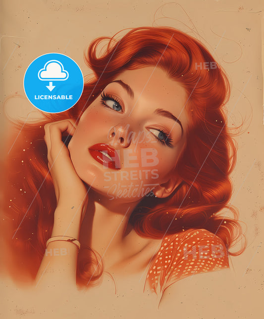 stewardess, vintage pin-up, a woman with red hair and red lipstick