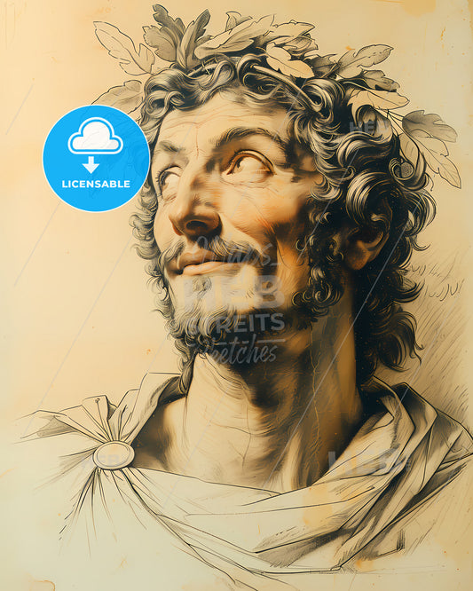 Virgil, 70 BCE- 19 BCE, a drawing of a man with a beard and a crown of leaves