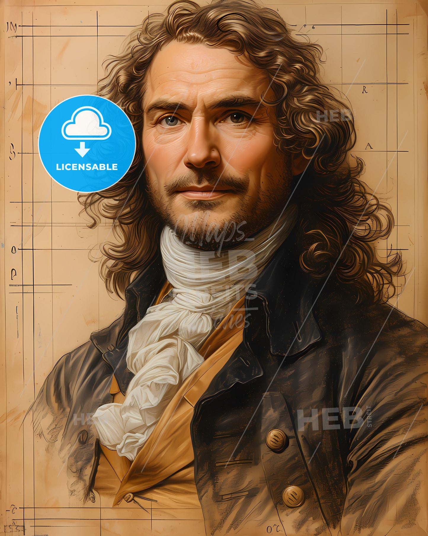 John, Michell, 1724 - 1793, a man with long curly hair and a white ruffled collar