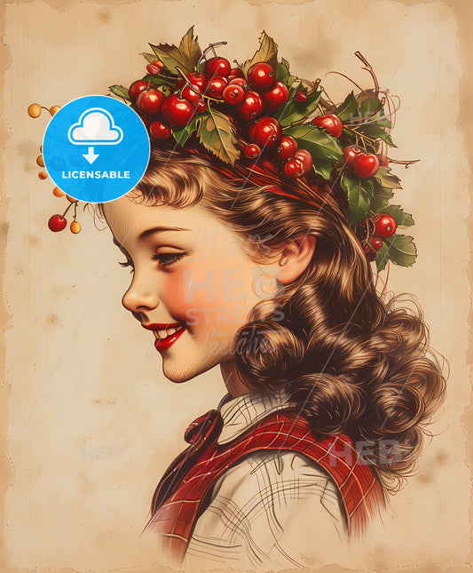 Beautiful, fruits costume, ink sketch portrait, a girl with a wreath of berries on her head