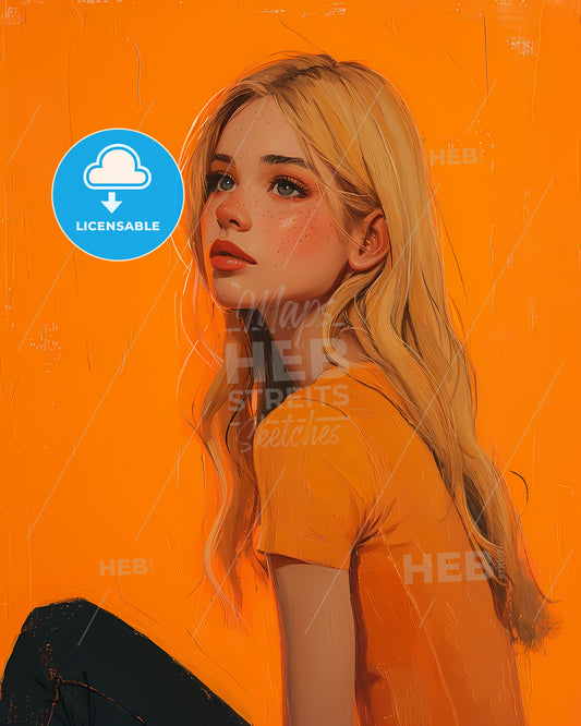 pin-up, curvy blonde model, Vintage art illustration, a woman with long blonde hair and orange background