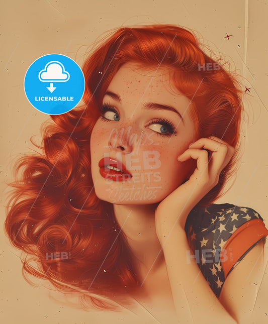 stewardess, vintage pin-up, a woman with red hair and freckles