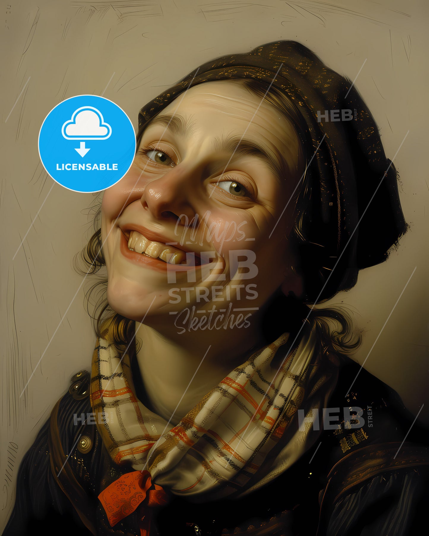 Guido, Reni, 1575 - 1642, a woman smiling with a scarf and a hat