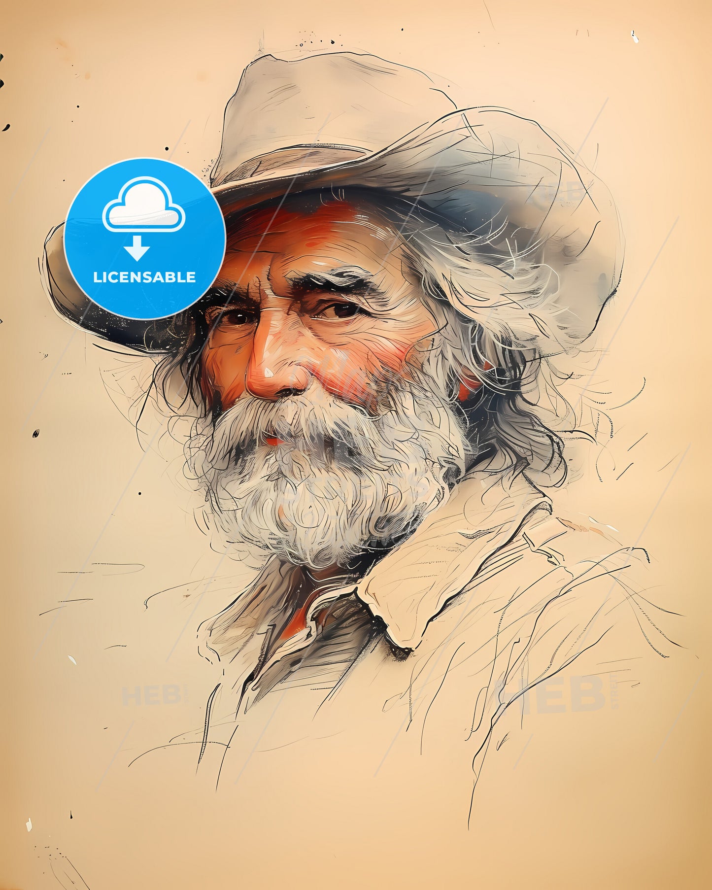 John Wesley, Powell, 1834 - 1902, a drawing of a man with a hat