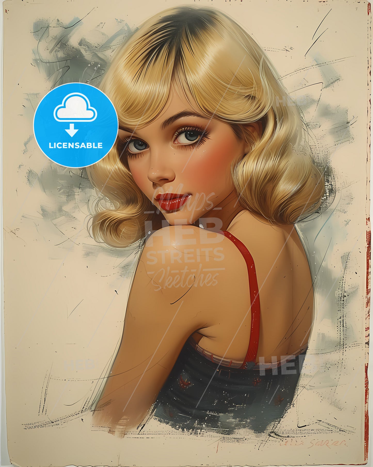 pin-up, curvy blonde model, Vintage art illustration, a woman with blonde hair and red lipstick