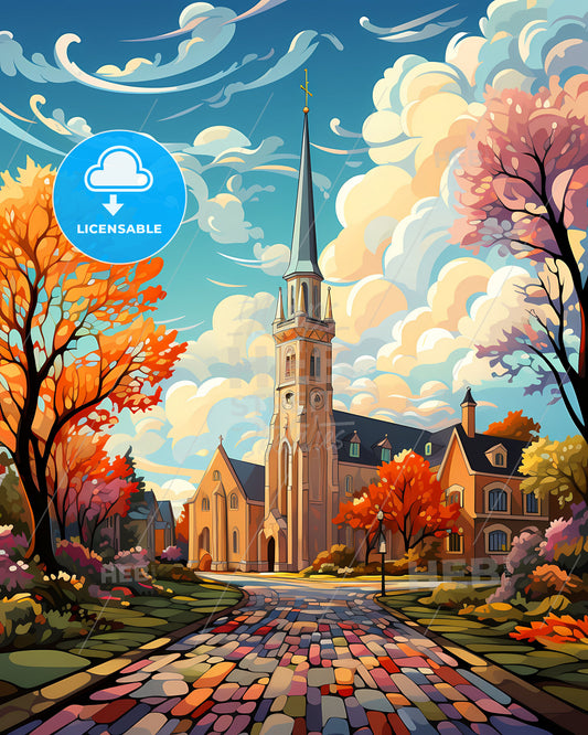 Vineland, New Jersey, a church with a steeple and trees