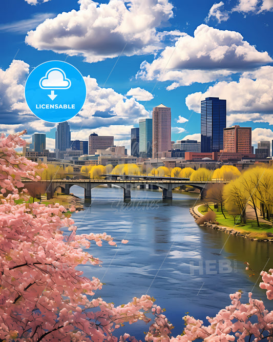 Grand Rapids, Michigan, a river with a bridge and trees in front of a city