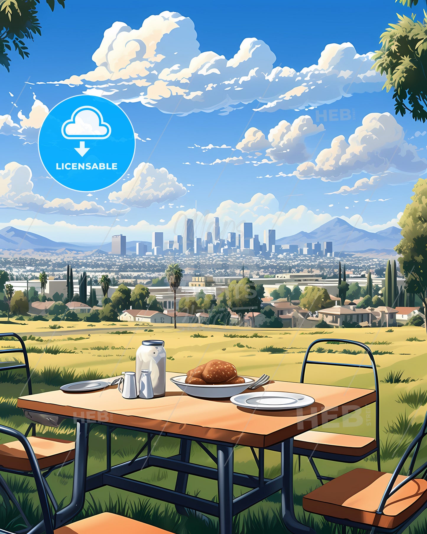 Jurupa Valley, California, a table with plates and plates on it and a city in the background