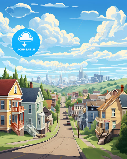 Duluth, Minnesota, a street with houses and trees in the background