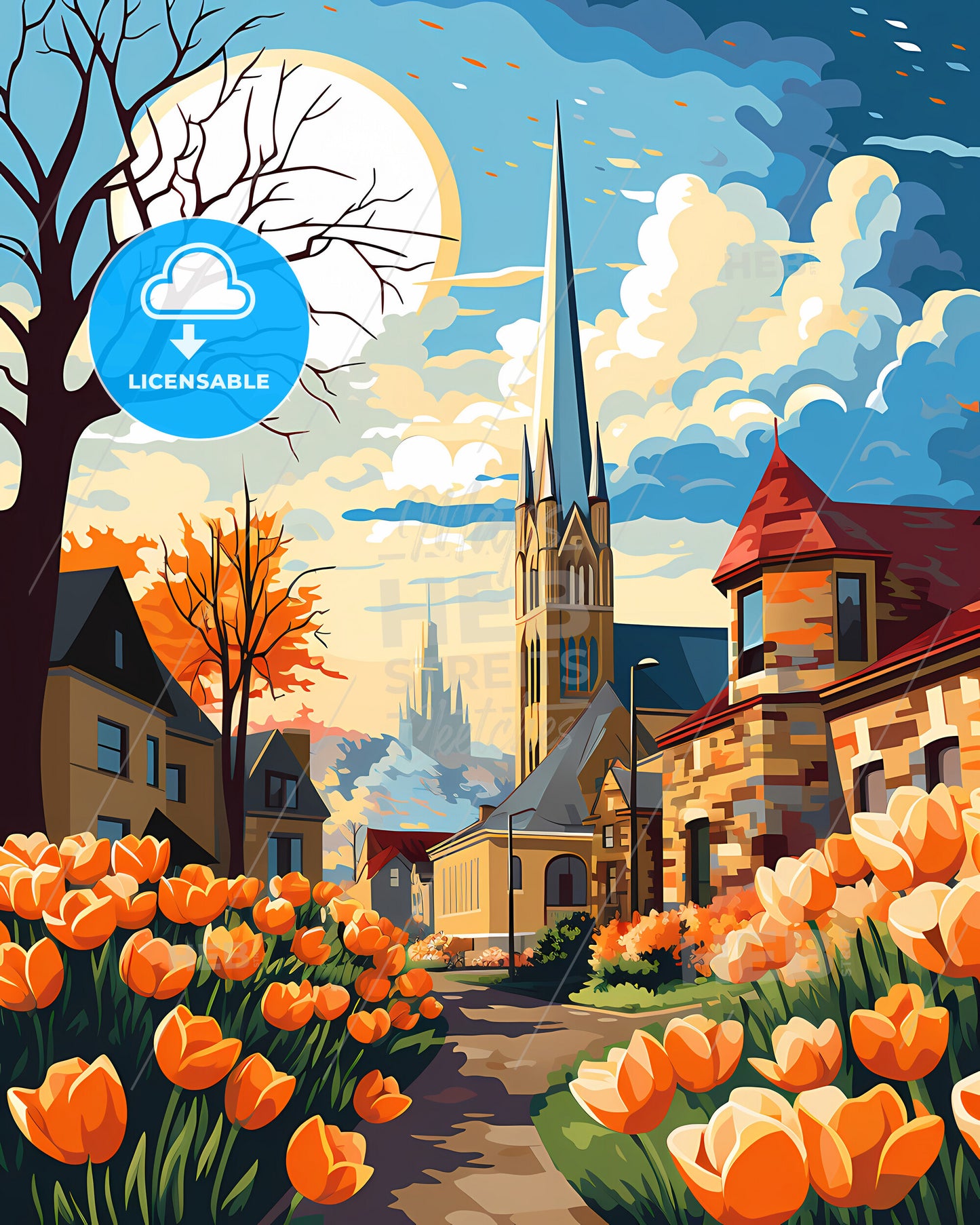 Janesville, Wisconsin, a painting of a church and tulips