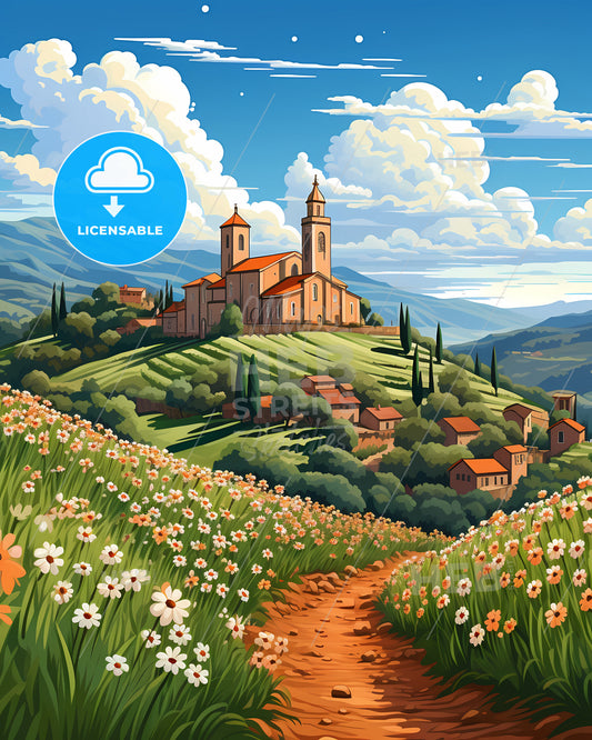 Avellino, Italy, a landscape with a church and flowers