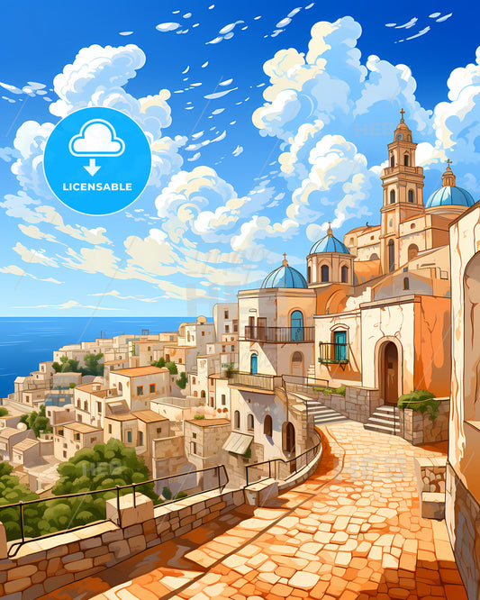 Bitonto, Italy, a cartoon of a town by the ocean