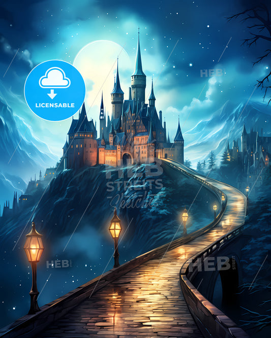 Luxembourg City, Luxembourg, a castle on a hill with a bridge and street lamps