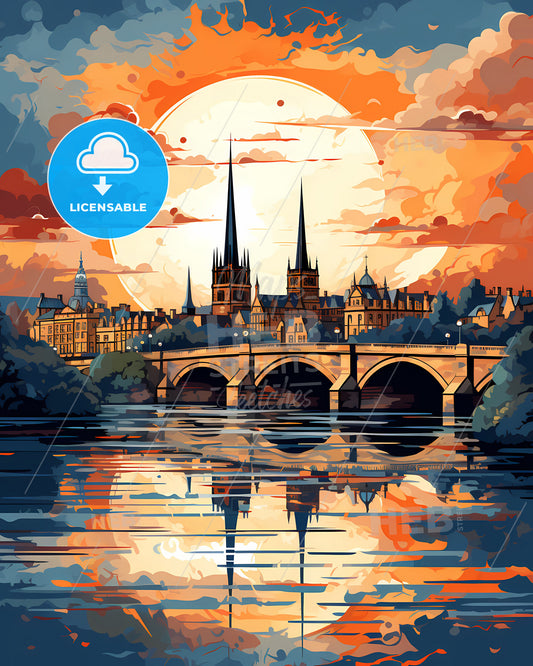 Cambridge, East of England, a bridge over water with a large sun behind it