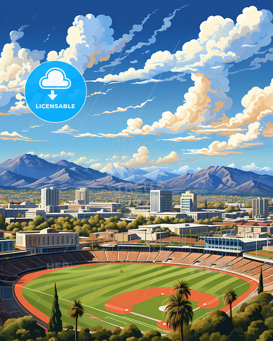 Santa Clara, California, a baseball field with mountains in the background