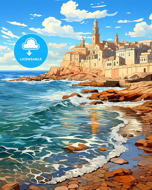 Trani, Italy, a beach with a building on the side