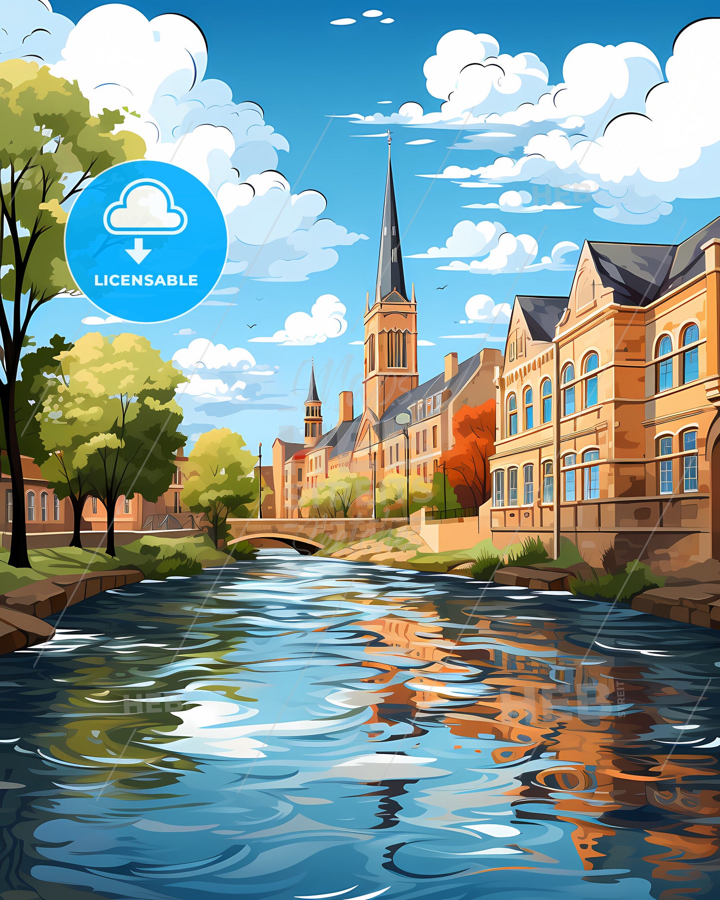 Helmond, Netherlands, a river with a church and trees