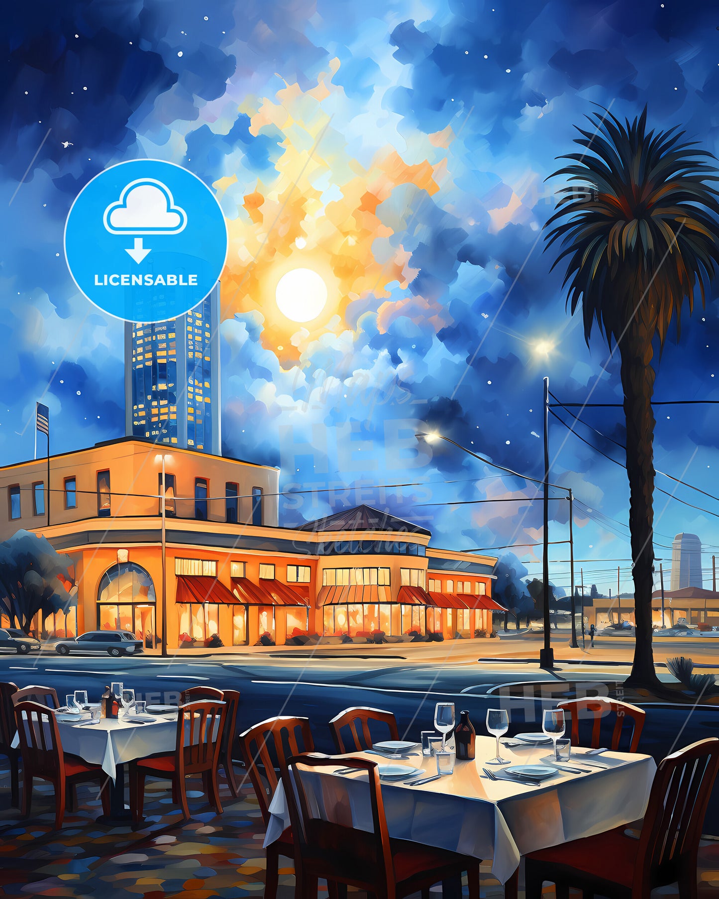 Concord, California, a painting of a street with tables and chairs and palm trees