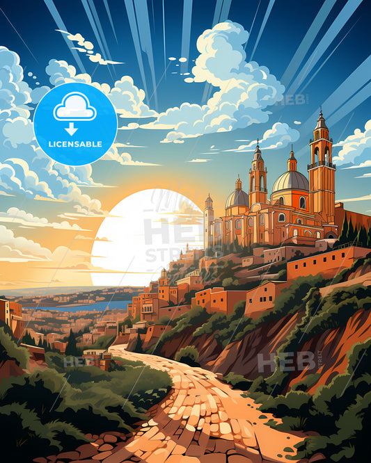 Anzio, Italy, a large building on a hill with trees and a road