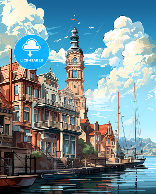 Nissewaard, Netherlands, a water way with a building and a tower