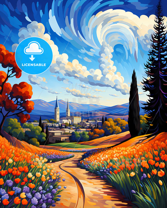 Concord, California, a painting of a landscape with a road and flowers