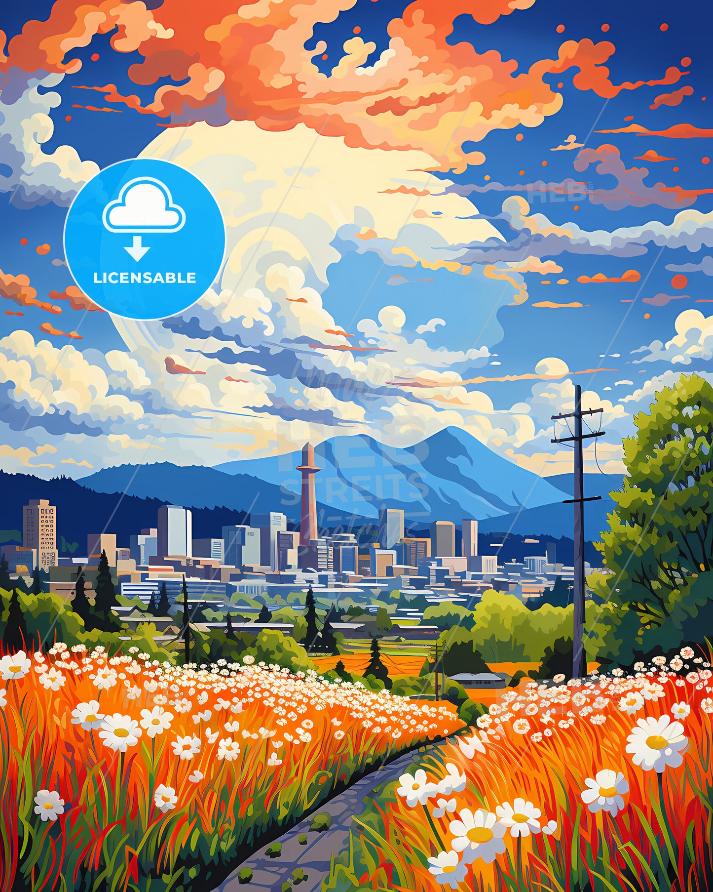 Eugene, Oregon, a painting of a city with flowers and trees