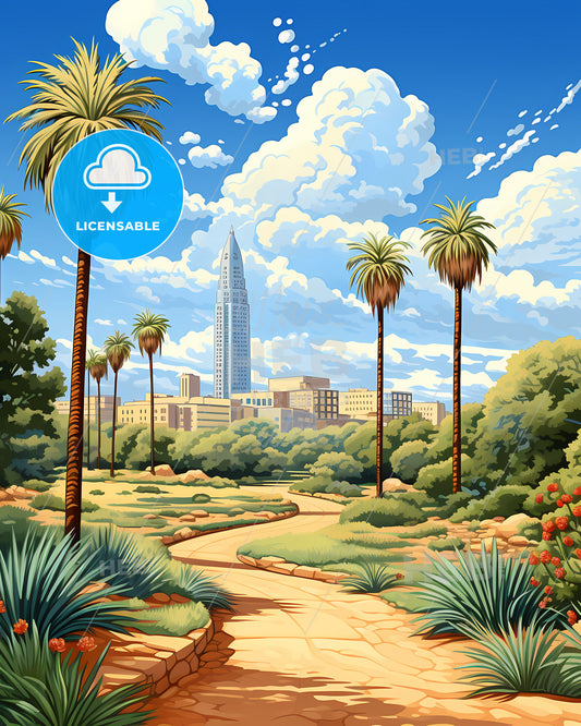 Madera, California, a path through a park with palm trees and a city in the background