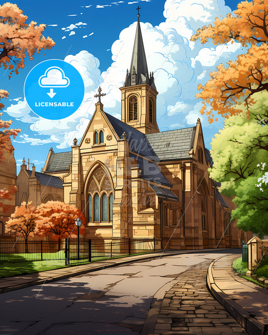 Coventry, West Midlands, a church with a steeple and trees