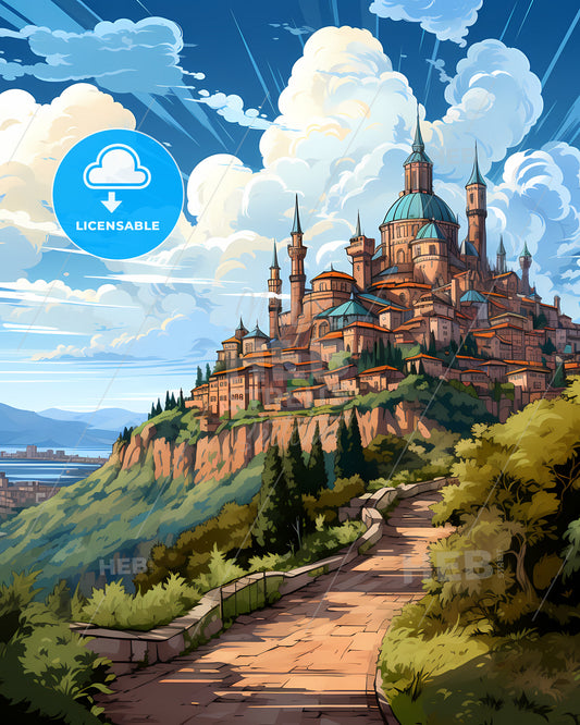 Moncalieri, Italy, a cartoon of a castle on a hill