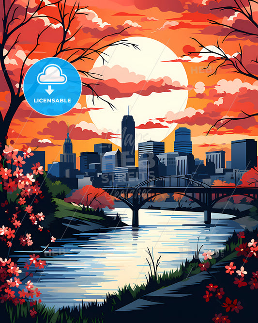 Davenport, Iowa, a painting of a city with a bridge and flowers