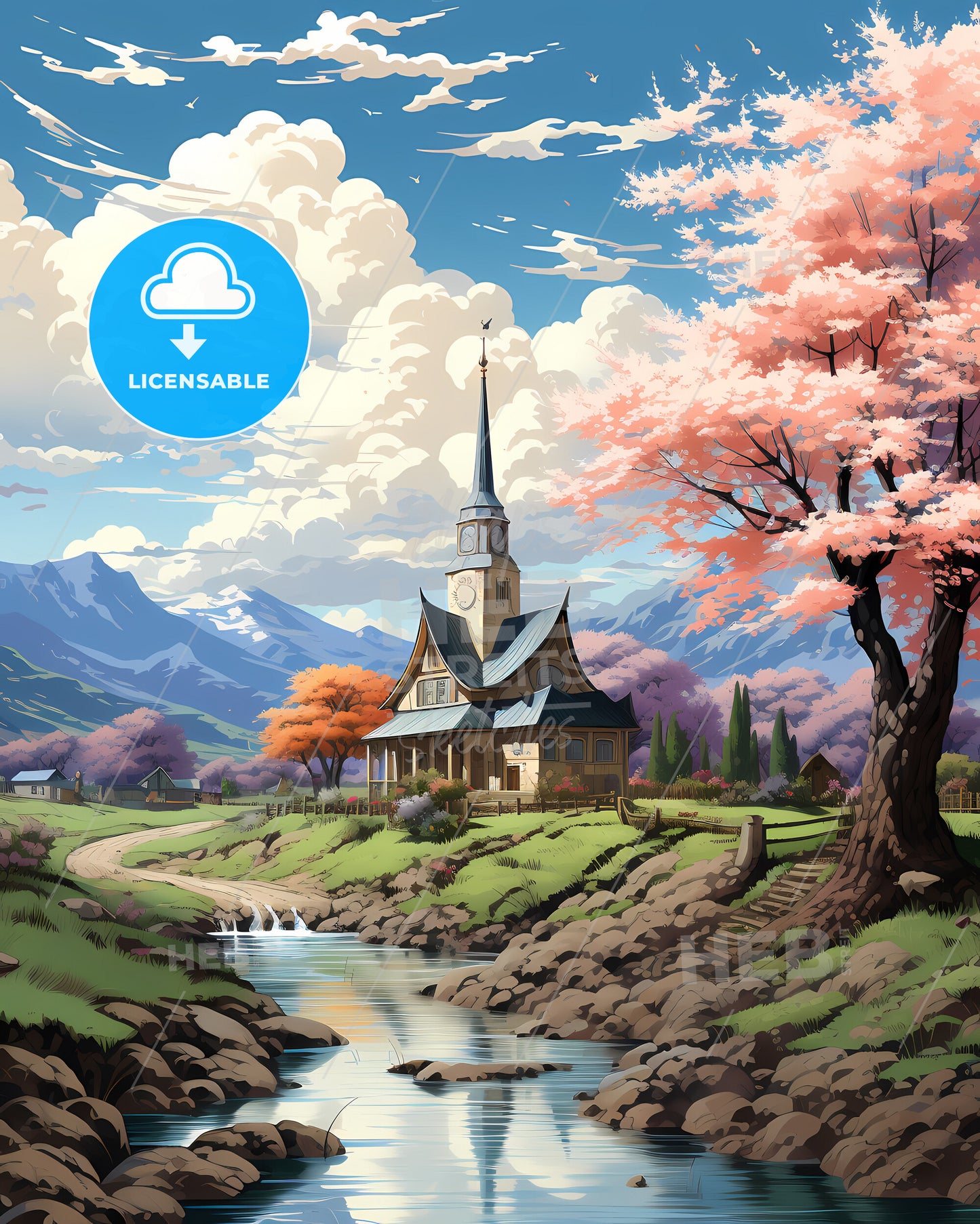 South Jordan, Utah, a house with a steeple and a river in front of it