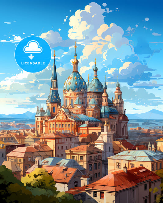 Kyiv, Ukraine, a large building with blue domes and a blue sky with clouds