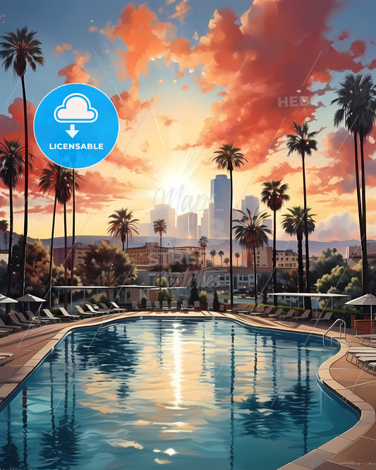 Buena Park, California, a pool with palm trees and a city in the background