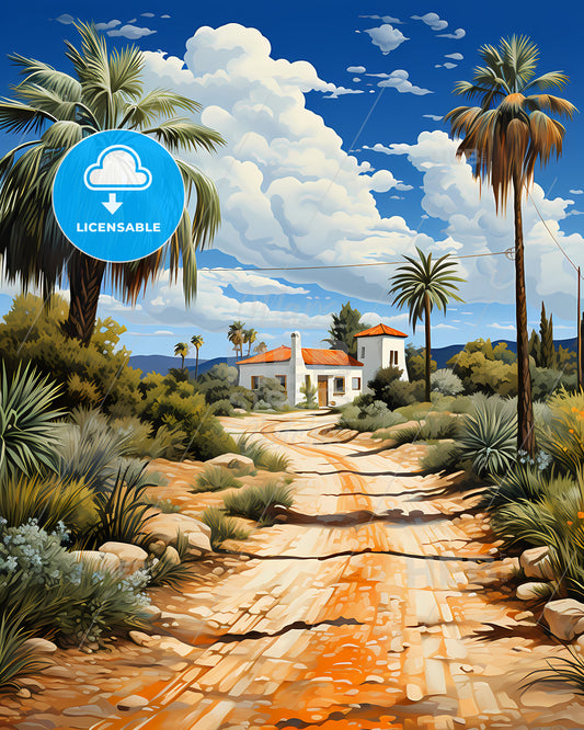 Montebello, California, a dirt road with a house and palm trees