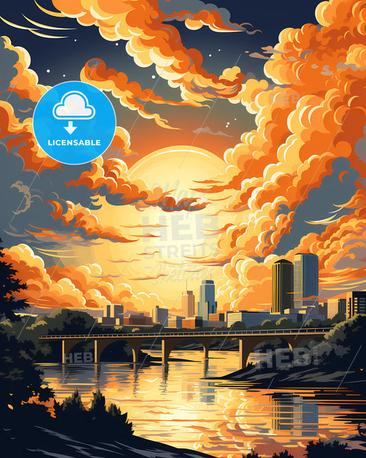 Lewisville, Texas, a painting of a city with a bridge and a body of water