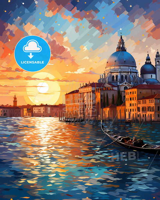 Venice, Italy, a painting of a city with a boat in the water