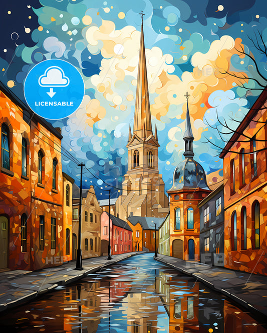 Derby, East Midlands, a water way with a church in the background