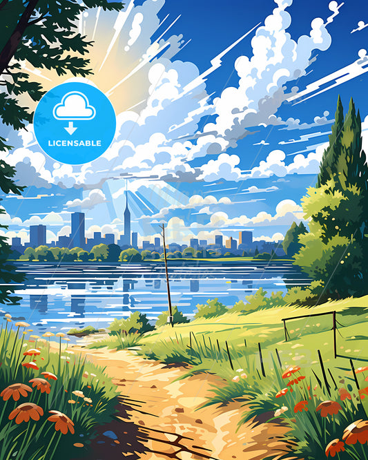 Lakewood, California, a landscape of a lake with a city in the background