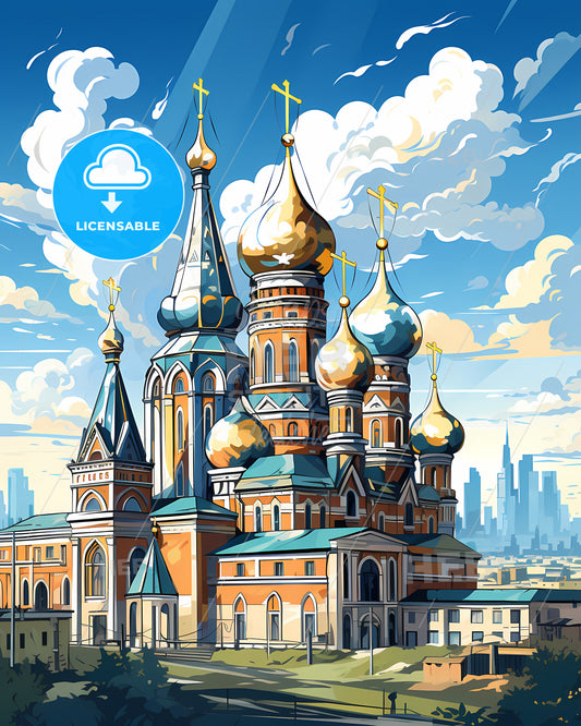 Shymkent, Kazakhstan, a building with gold domes and crosses