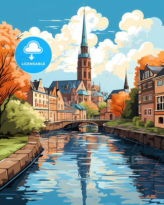 Venray, Netherlands, a river with a bridge and a church in the background