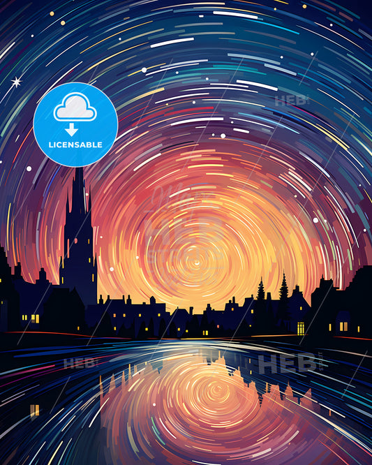 Alkmaar, Netherlands, a colorful swirly swirls in the sky over Radio City Music Hall