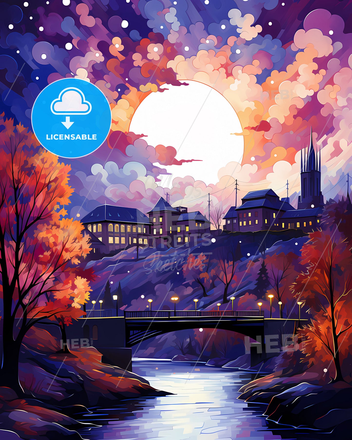 Greenville, North Carolina, a painting of a city with a bridge and a river