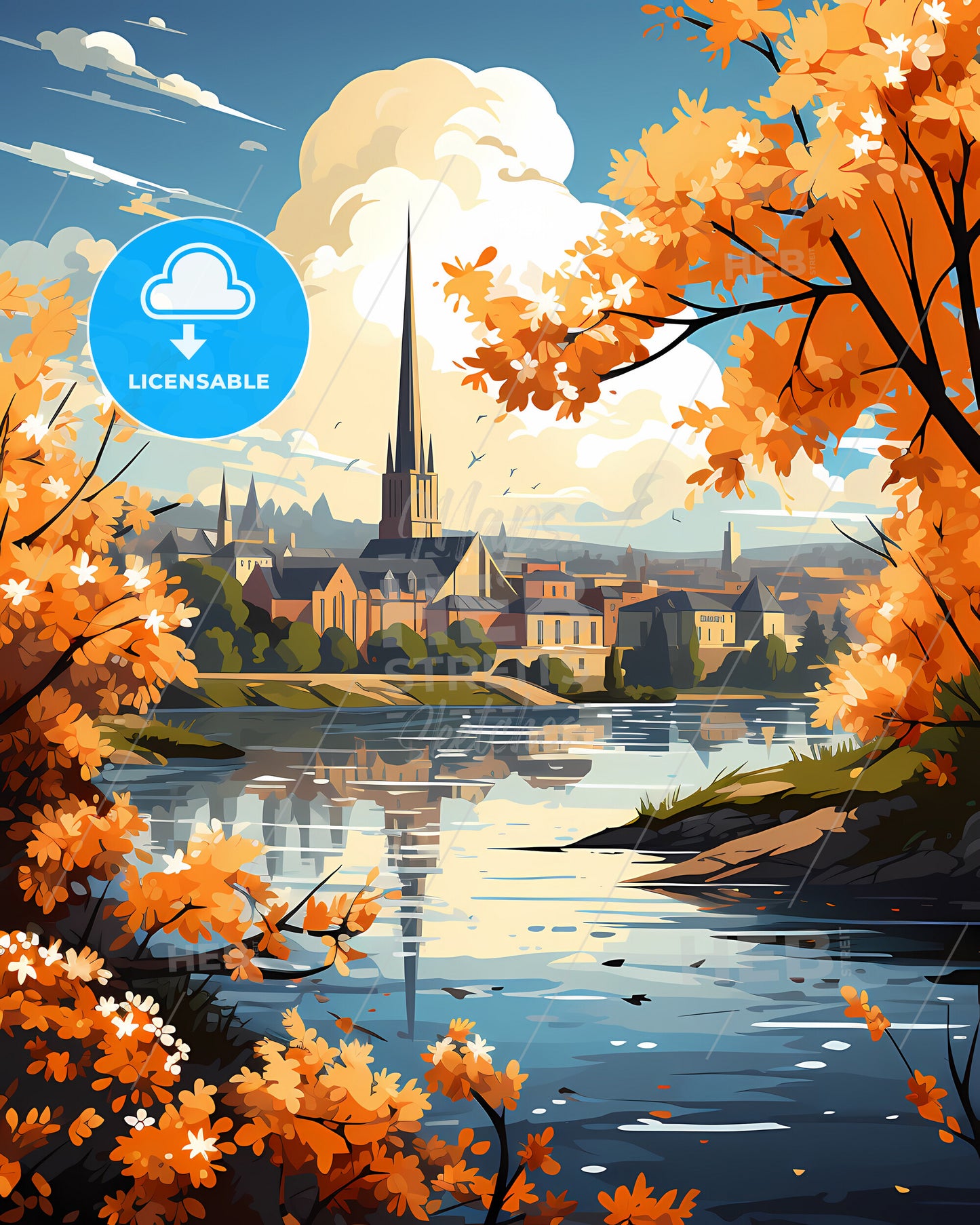 Janesville, Wisconsin, a painting of a city with a church and a river