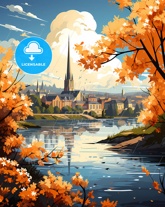 Janesville, Wisconsin, a painting of a city with a church and a river