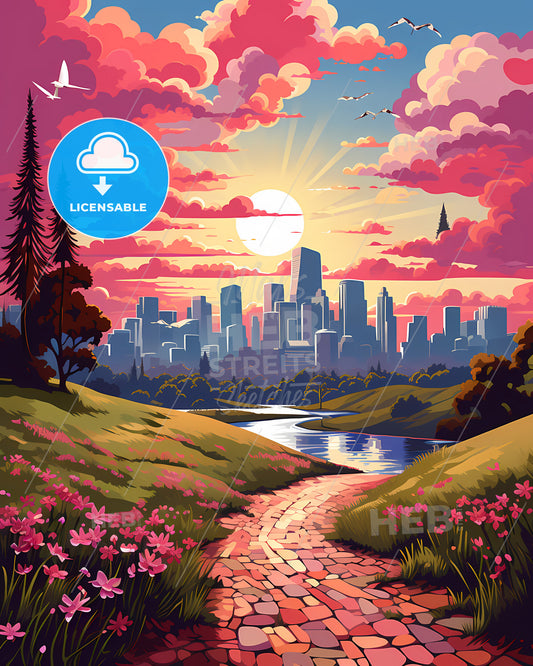 Buena Park, California, a brick path leading to a city