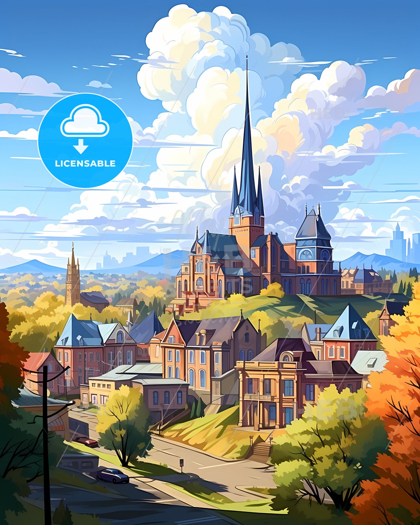 Kyiv, Ukraine, a colorful landscape of a town with a church and trees