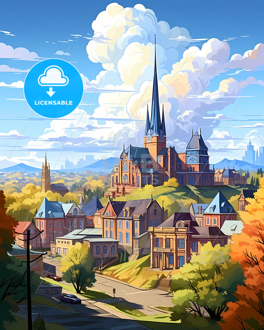 Kyiv, Ukraine, a colorful landscape of a town with a church and trees