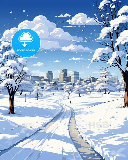 Overland Park, Kansas, a snowy landscape with trees and a city in the background