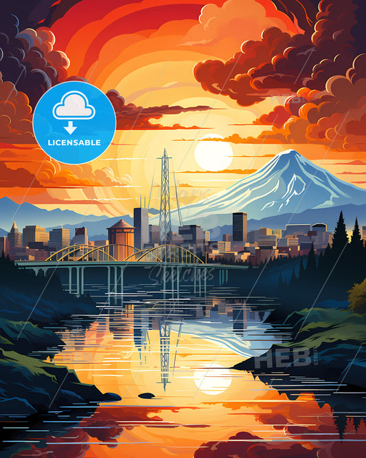 Kent, Washington, a sunset over a river with a bridge and a mountain in the background