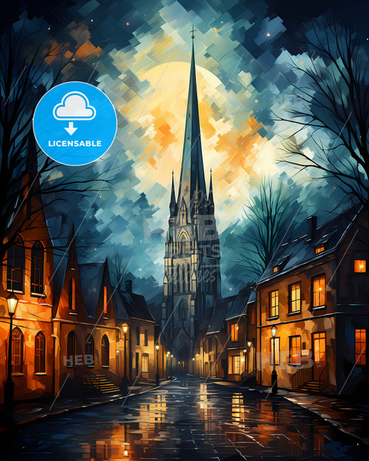 Coventry, West Midlands, a street with a church and a moon